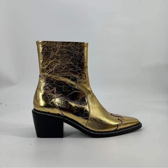 Caverly Kylie Western Gold Metallic Leather Block Heel Cowboy Ankle Booties 40 - Picture 3 of 11